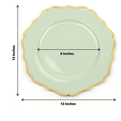6-Pack Acrylic Round Charger Plates 13" in Sage Sage Green with Gold Scalloped Rim, Decorative Dinner Party Plastic Charger Tableware