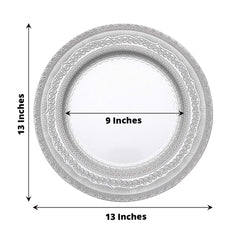 6-Pack Acrylic Round Charger Plates 13" in Silver with Lace Embossed Rim, Rustic Plastic Decorative Charger Tableware