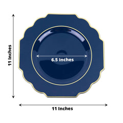 10-Pack Plastic Dinner Plates in Navy Blue Baroque Design with Scalloped Gold Rim - Heavy Duty Disposable Party Plates 11"