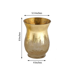 2-Pack Glass Hurricane Vases Bell Shaped Crackle Gold Curvy Design - Stylish Candle Holder Centerpieces 8"