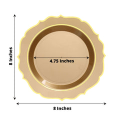 10-Pack Plastic 8" Round Desert Plates in Gold with Gold Scalloped Rim - Disposable Appetizer/Salad Plates