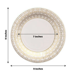 25-Pack Paper 9" Round Dinner Plates in White with Gold Basketweave Rim - Disposable Party Plates for Stylish Soirées & Festive Brunches
