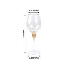 Set of 6 Wine Goblet Glasses Clear Gold Rimmed Design with Rhinestone Studded Stem - Handblown Vintage Crystal Glasses for Cocktails 16oz 10"