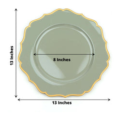 6-Pack Acrylic Round Charger Plates 13" in Dusty Sage Green with Gold Scalloped Rim, Decorative Dinner Party Plastic Charger Tableware