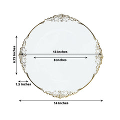 20-Pack Economy Plastic Round Charger Plates 13" in Clear with Gold Embossed Baroque Rim, Stylish Dinner Party Serving Plates