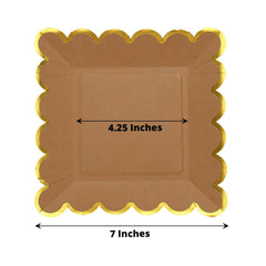 25-Pack Paper 7" Square Dessert Plates in Natural Brown with Gold Scalloped Rim - Disposable Salad Appetizer Party Plates for Stylish Outdoor Events & Boho Celebrations