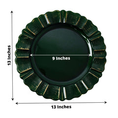 6-Pack Acrylic Plastic Round Charger Plates 13" in Hunter Emerald Green with Gold Brushed Wavy Scalloped Rim, Decorative Dinner Party Charger Tableware