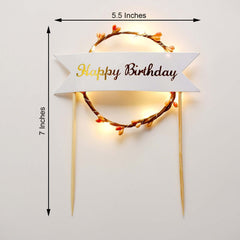 Light Up Happy Birthday Cake Topper Warm White LED - Luminous Blinking Mini Wreath Cake Decoration for Glamorous Birthday Parties & Events