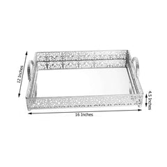 Metal Mirrored Rectangle Serving Tray 16"x12" in Silver Fleur De Lis Design with Handles, French Inspired Decorative Vanity Tray Centerpiece