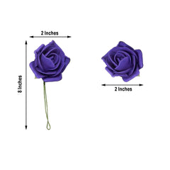 24 Roses 2" Purple Artificial Foam Flowers With Stem Wire and Leaves
