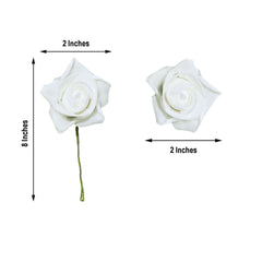 24 Roses 2" White Artificial Foam Flowers With Stem Wire and Leaves