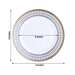 10-Pack Plastic 9" Round Dinner Plates in White with Gold Navy Blue Chord Rim - Renaissance Style Disposable Plates for Events & Banquets