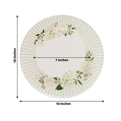 25-Pack Paper 10" Round Dinner Plates in White with Sage Green Floral Print & Lined Rim - Disposable Party Plates for Bridal Showers & Luncheons