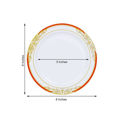 10-Pack Plastic 8" Round Dessert Plates in White with Red Rim - Stylish Gold Vine Design Disposable Salad/Appetizer Plates for Special Occasions & Celebrations
