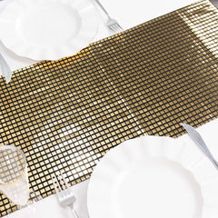 Mirror Foil Polyester 12"x108" Table Runner Black with Gold Metallic Square - Shiny Disco Theme Party Table Decor