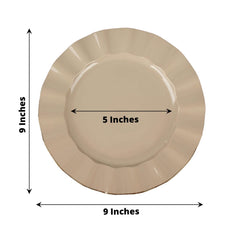 10-Pack Plastic 9" Round Dinner Plates in Taupe Ruffled Rim with Gold Edging - Sturdy Disposable Dinnerware