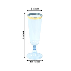 12-Pack Plastic Champagne Flutes Transparent Dusty Blue with Gold Rim - Stylish Disposable Cocktail Glasses for Parties 5oz 6"