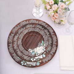 25-Pack Disposable Round Charger Plates in Brown Rustic Wood Print with Floral Lace Rim - Durable Paper Chargers for Rustic Themes & Outdoor Events 13"
