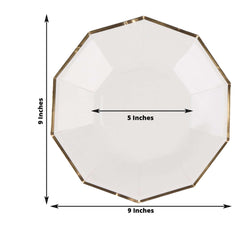 25-Pack Paper 9" Decagon Dinner Plates in White with Gold Foil Rim - Disposable Geometric Party Plates for Modern Weddings & Events