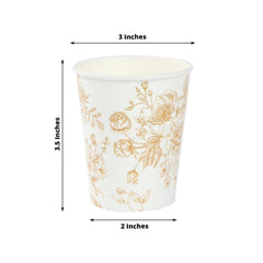24-Pack Paper Cups in White with Gold French Toile Print - Stylish Disposable Floral Party Cups for Weddings & All Purpose Use 9oz