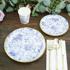 25-Pack Paper 9" Round Dinner Plates in White with Light Blue French Toile Pattern & Gold Rim - Disposable Party Plates for Picnics & Chic Brunches