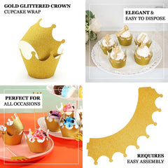 25-Pack Paper Cupcake Wrappers Glitter Crown Design Gold - Dust Free Muffin Paper Cup Liners