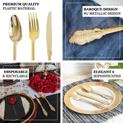 24 Pcs Plastic Silverware Set in Baroque Style Metallic Gold - Heavy Duty Disposable Knife, Fork, and Spoon Set