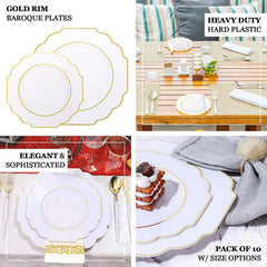 10-Pack Plastic Dinner Plates in Blush Baroque Design with Scalloped Gold Rim - Heavy Duty Disposable Party Plates 11"