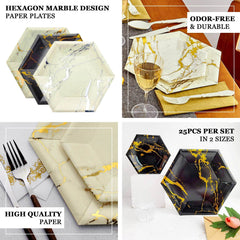 25 Pack Ivory Marble 12" Serving Dinner Paper Plates, Disposable Hexagon Geometric Shaped Plates With Gold Foil Marble Design - 400 GSM