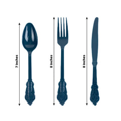 72 Pcs Plastic Silverware Set in Baroque Style Navy Blue - Heavy Duty Disposable Knife, Fork, and Spoon Set