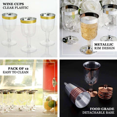 12-Pack Plastic Wine Glasses Clear with Chrome Silver Rim - Stylish Short Stem Disposable Cups for Parties 6oz