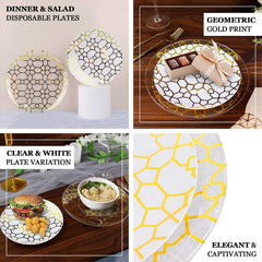 20-Pack Set Plastic Round Dinner and Salad Plates in White & Clear with Geometric Gold Print - Modern Disposable Dinnerware Set for Weddings & Celebrations 9", 7"