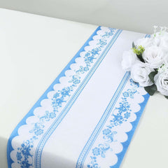 5 Pack Disposable Table Runners 11"x108" White with Blue Ornate Floral Prints - Non-woven Stylish Kitchen Dining Table Decor