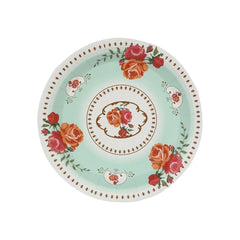 25-Pack Paper 7" Round Dessert Plates in Turquoise with Vintage Rose Flower Print - Disposable Appetizer Salad Plates
