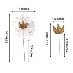 9-Pack Sequin Crown and Tutu Cupcake Cake Toppers Gold - Shimmering Princess Inspired Cake Inserts DIY Party Decoration Supplies