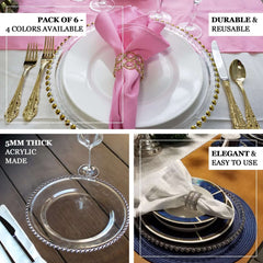 6-Pack Acrylic Round Charger Plates 13" in White with Gold Beaded Rim, Decorative Dinner Party Charger Tableware