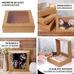 12-Pack Cardstock Bakery Boxes with PVC Window Natural Brown - Versatile Cake Containers for Donuts Muffins & Homemade Goods 9"x9"x2"