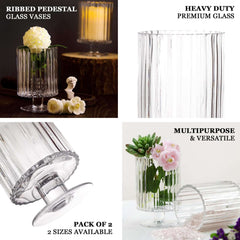 2-Pack Glass Pedestal Vases Ribbed Design Clear - Durable Votive Candle Holders for Events 9"