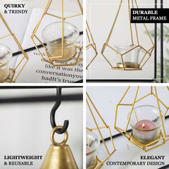 3-Pack Hanging Candle Holders Gold Geometric Design 8" with Black Iron Stand - Trendy Tealight Centerpieces for Tables 10" Tall