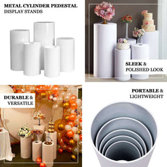 Set of 5 White Metal Cylinder Pillar Prop Stands For Wedding Aisle, Round Plinth Pedestal Display Boxes - 20", 22", 24", 30", 34"
