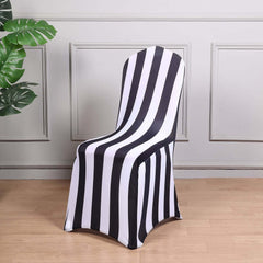 Spandex Chair Cover with Foot Pockets for Banquet Chairs Black/White 2" Stripes - Durable 160GSM Fitted Slipcover for Weddings & Gatherings