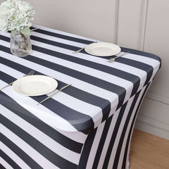 Stretch Spandex 8ft Rectangle Tablecloth Black/White Vertical Stripes - Durable Form-Fitting Tablecloth for Events & Presentations