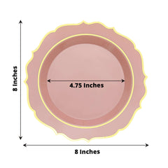 10-Pack Plastic 8" Round Desert Plates in Dusty Rose with Gold Scalloped Rim - Disposable Appetizer/Salad Plates