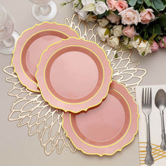 10-Pack Plastic 8" Round Desert Plates in Dusty Rose with Gold Scalloped Rim - Disposable Appetizer/Salad Plates