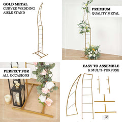 8ft Gold Metal Curved Flower Frame Balloon Arch Stand, Collapsible Wedding Aisle Photo Backdrop With Solid Rectangular Base