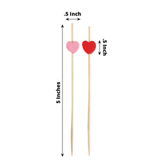 100-Pack Bamboo Cocktail Sticks Heart Design Eco Friendly Red/Pink - Biodegradable Fruit Appetizer Party Picks 5"
