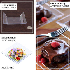 12-Pack Appetizer Plates Mini Square Design Clear - Plastic Disposable Plates for Desserts 4"
