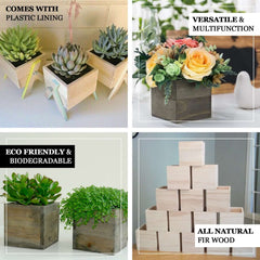 2 Pack 5" Natural Square Wood Planter Box Set With Removable Plastic Liners