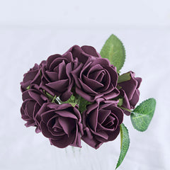 24 Roses 2" Eggplant Artificial Foam Flowers With Stem Wire and Leaves