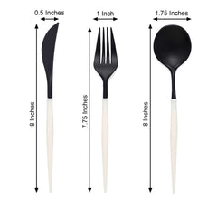 24-Pack Plastic Flatware Set in Black with Ivory Handle - Heavy Duty Disposable Modern Silverware 8"
